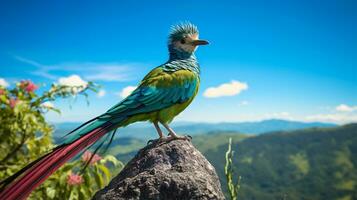 Foto av quetzal i ther skog med blå himmel. generativ ai