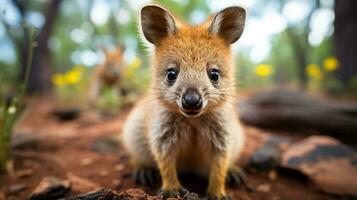 närbild Foto av en Quokka ser några riktning. generativ ai