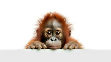 Foto av en orangutang på vit bakgrund. generativ ai