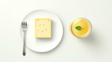 minimalistisk Foto av en skiva av ost på en vit tallrik bredvid honung. generativ ai