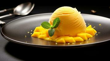 Foto av mango sorbet som en maträtt i en high-end restaurang. generativ ai