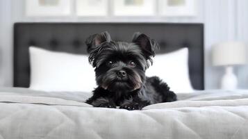 porträtt av affenpinscher liggande på säng. generativ ai foto