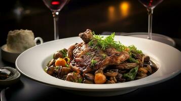 Foto av coq au vin som en maträtt i en high-end restaurang. generativ ai