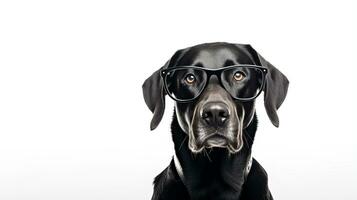 Foto av en labrador retriever hund använder sig av glasögon isolerat på vit bakgrund. generativ ai