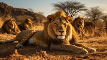 Foto av en besättning av lejon vilar i ett öppen område på de savann. generativ ai