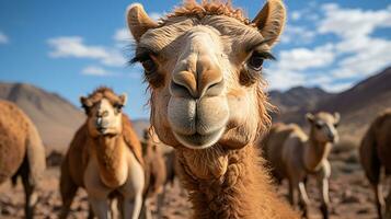 närbild Foto av en kamel ser några riktning i de öken. generativ ai