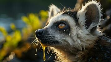 närbild Foto av en lemur ser några riktning. generativ ai