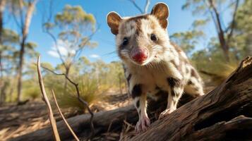 Foto av quoll i ther skog med blå himmel. generativ ai