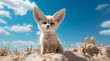 Foto av en fennec räv i en öken- med blå himmel. generativ ai