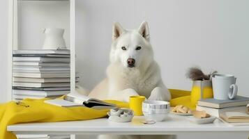 en sibirisk hes hund sitter studerar åtföljs förbi en kopp och pålar av böcker. generativ ai foto