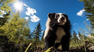 Foto av skunk i ther skog med blå himmel. generativ ai