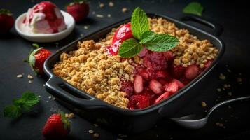 Foto av jordgubb rabarber knaprig som en maträtt i en high-end restaurang. generativ ai