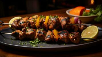 Foto av rycka kyckling grillspett som en maträtt i en high-end restaurang. generativ ai
