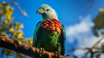 Foto av en quetzal under blå himmel. generativ ai