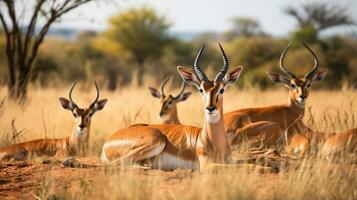 Foto av en besättning av impala vilar i ett öppen område på de savann. generativ ai