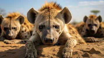 Foto av en besättning av hyena vilar i ett öppen område på de savann. generativ ai