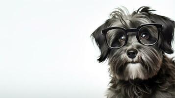 Foto av en havanese hund använder sig av glasögon isolerat på vit bakgrund. generativ ai