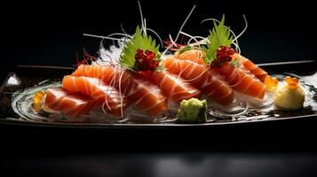 Foto av sashimi som en maträtt i en high-end restaurang. generativ ai
