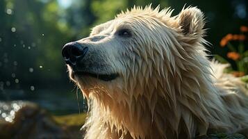 närbild Foto av en polär Björn ser några riktning på djungel. generativ ai