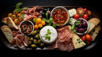 Foto av antipasto tallrik som en maträtt i en high-end restaurang. generativ ai