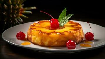 Foto av ananas upp och ner kaka som en maträtt i en high-end restaurang. generativ ai