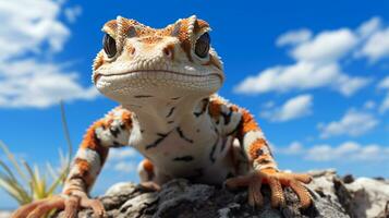 Foto av en gecko under blå himmel. generativ ai