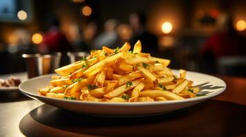 Foto av franska frites som en maträtt i en high-end restaurang. generativ ai