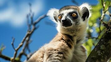 Foto av en lemur under blå himmel. generativ ai
