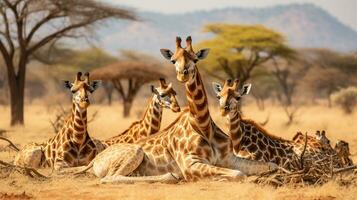 Foto av en besättning av giraff vilar i ett öppen område på de savann. generativ ai