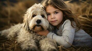 selfie Foto av en liten pojke med hans hund . generativ ai