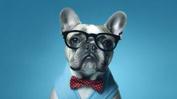 Foto av högdragen bulldogg använder sig av glasögon och kontor kostym på vit bakgrund. generativ ai