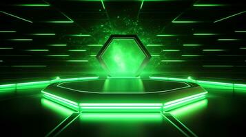 en Häftigt sexhörning form bakgrund med grön neon laser ljus . generativ ai foto