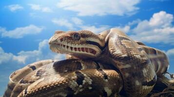 Foto av en boa constrictor under blå himmel. generativ ai