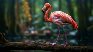 Foto av en flamingo stående på en fallen träd gren på morgon. generativ ai
