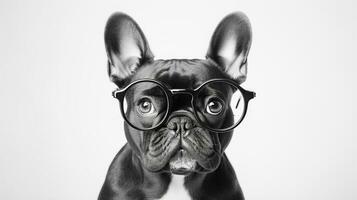 Foto av en franska bulldogg hund använder sig av glasögon isolerat på vit bakgrund. generativ ai