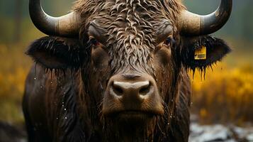 närbild Foto av en buffel ser några riktning. generativ ai