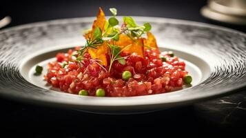 Foto av tonfisk tartare som en maträtt i en high-end restaurang. generativ ai