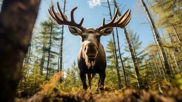 Foto av älg i ther skog med blå himmel. generativ ai