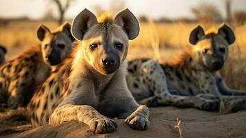 Foto av en besättning av hyena vilar i ett öppen område på de savann. generativ ai