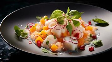 Foto av kokos ceviche som en maträtt i en high-end restaurang. generativ ai