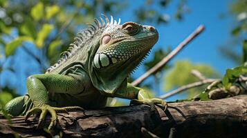 Foto av leguan i ther skog med blå himmel. generativ ai