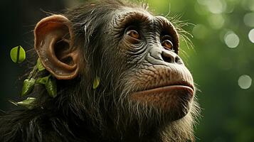 närbild Foto av en schimpans ser några riktning på djungel. generativ ai