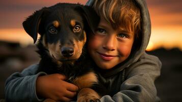 selfie Foto av en liten pojke med hans hund . generativ ai