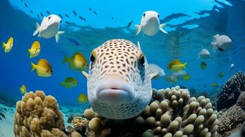 Foto av blåsfisk med olika fisk mellan friska korall rev i de blå hav. generativ ai