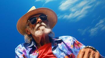 gammal man använder sig av colombia hatt och solglasögon när firar dia de la raza. generativ ai foto