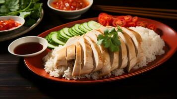 Foto av hainansk kyckling ris som en maträtt i en high-end restaurang. generativ ai