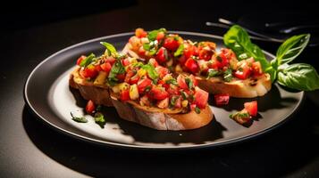 Foto av sommar bruschetta som en maträtt i en high-end restaurang. generativ ai