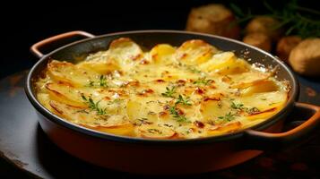 Foto av potatisar au gratäng som en maträtt i en high-end restaurang. generativ ai