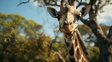 närbild Foto av en giraff ser några riktning på djungel. generativ ai