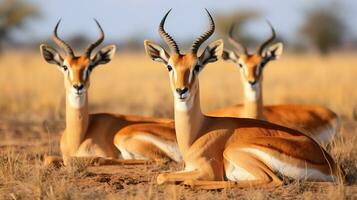 Foto av en besättning av gasell vilar i ett öppen område på de savann. generativ ai